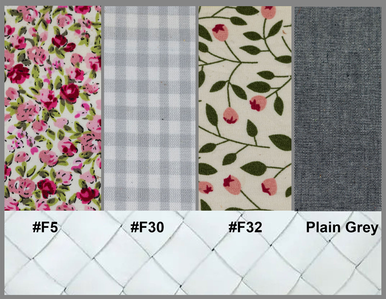 Four fabric swatches with floral, checkered, and leaf patterns on a tiled background.
