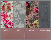 Fabric swatches with floral and plain patterns on a gray background