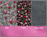 Three fabric swatches with floral patterns and plain gray, labeled with color codes 