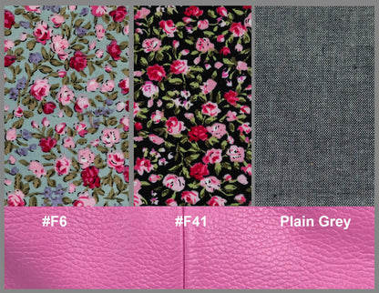 Three fabric swatches with floral patterns and plain gray, labeled with color codes 