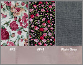 Three fabric swatches with floral patterns and plain gray fabric, labeled with color codes.