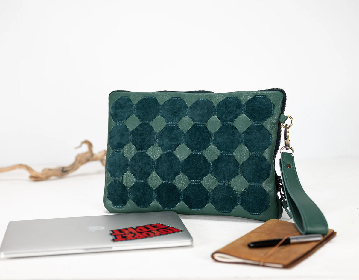 Athena Laptop Clutch - Petrol green leather