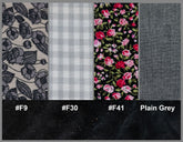 Four fabric swatches with floral, checkered, and plain patterns on a dark background.