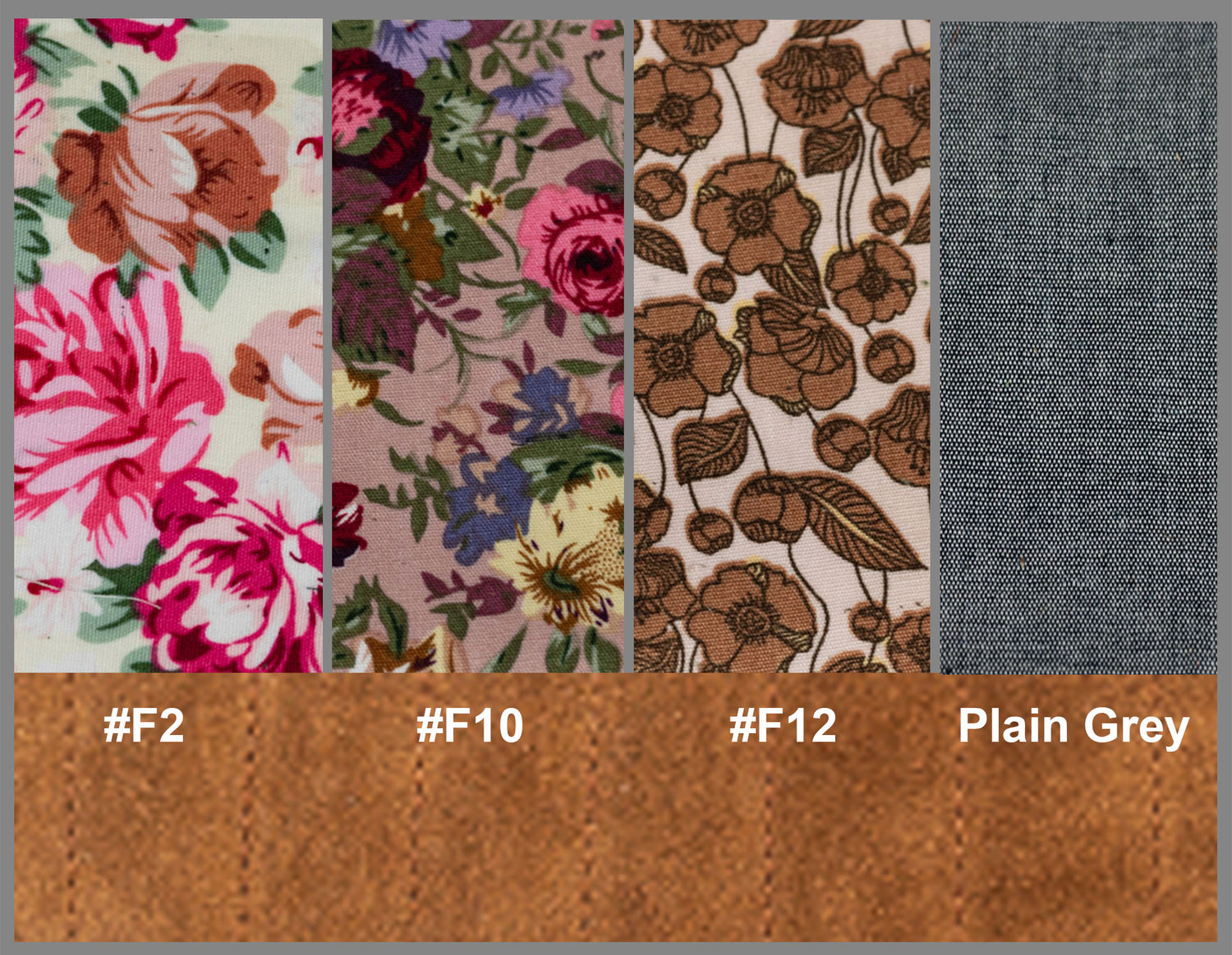 Five fabric swatches with floral patterns and a plain gray swatch, each labeled with a color code.