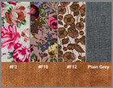 Five fabric swatches with floral patterns and a plain gray swatch, each labeled with a color code.