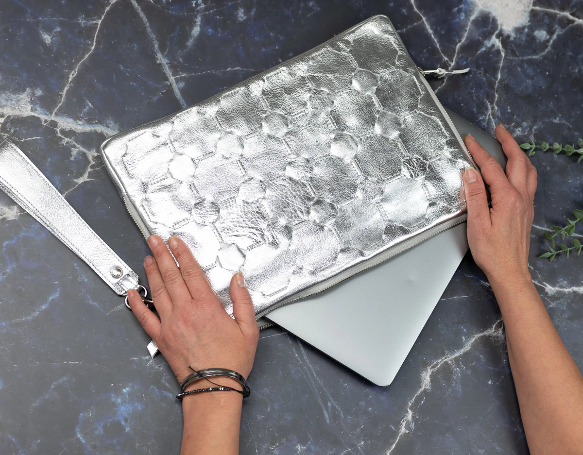 Athena Laptop Clutch - Silver leather
