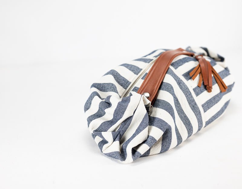 Kallia mini bag - Blue striped canvas and brown leather - milloobags
