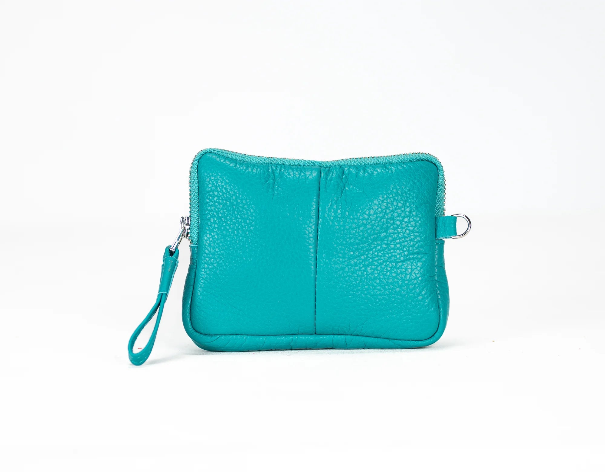 Turquoise leather pouch with a strap on a white background