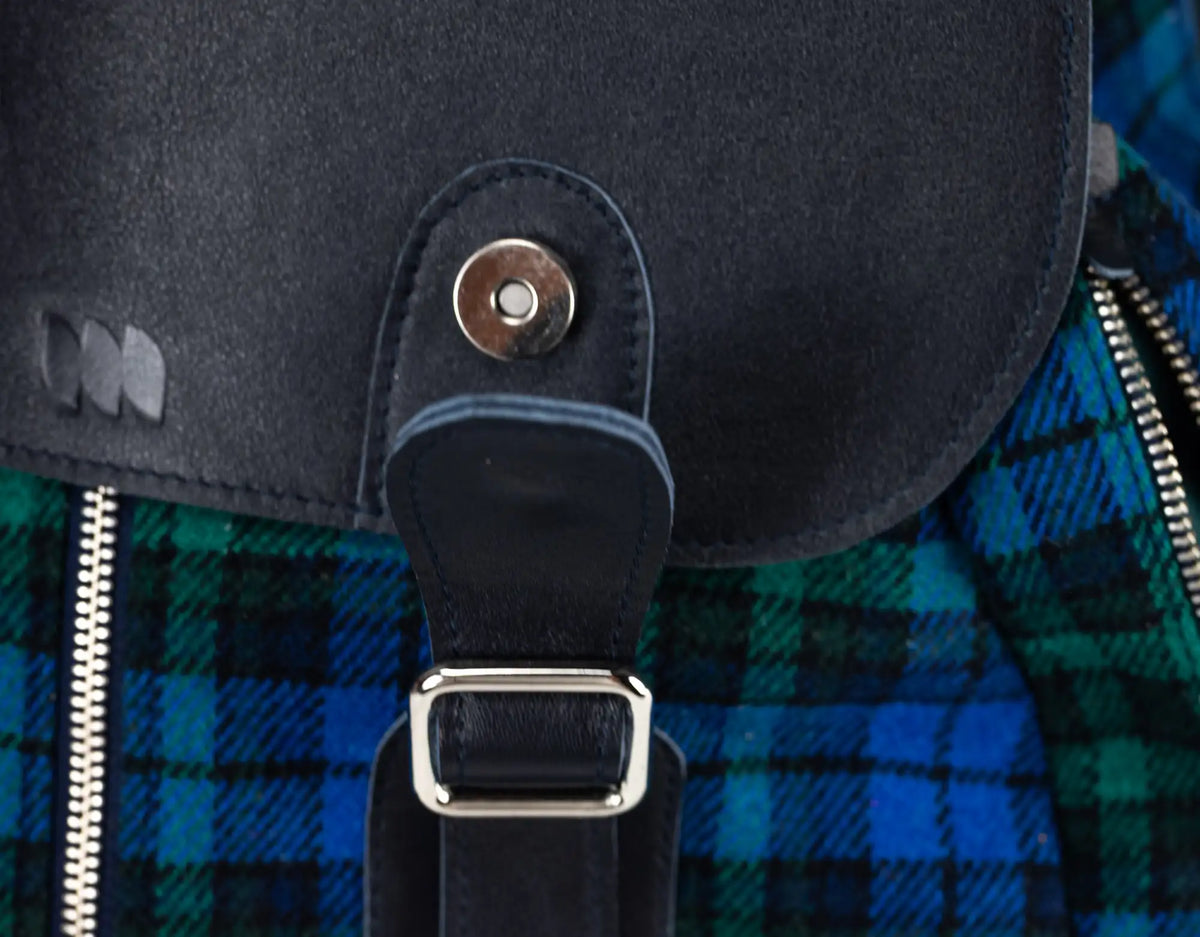 Artemis backpack - Blue leather and tartan wool