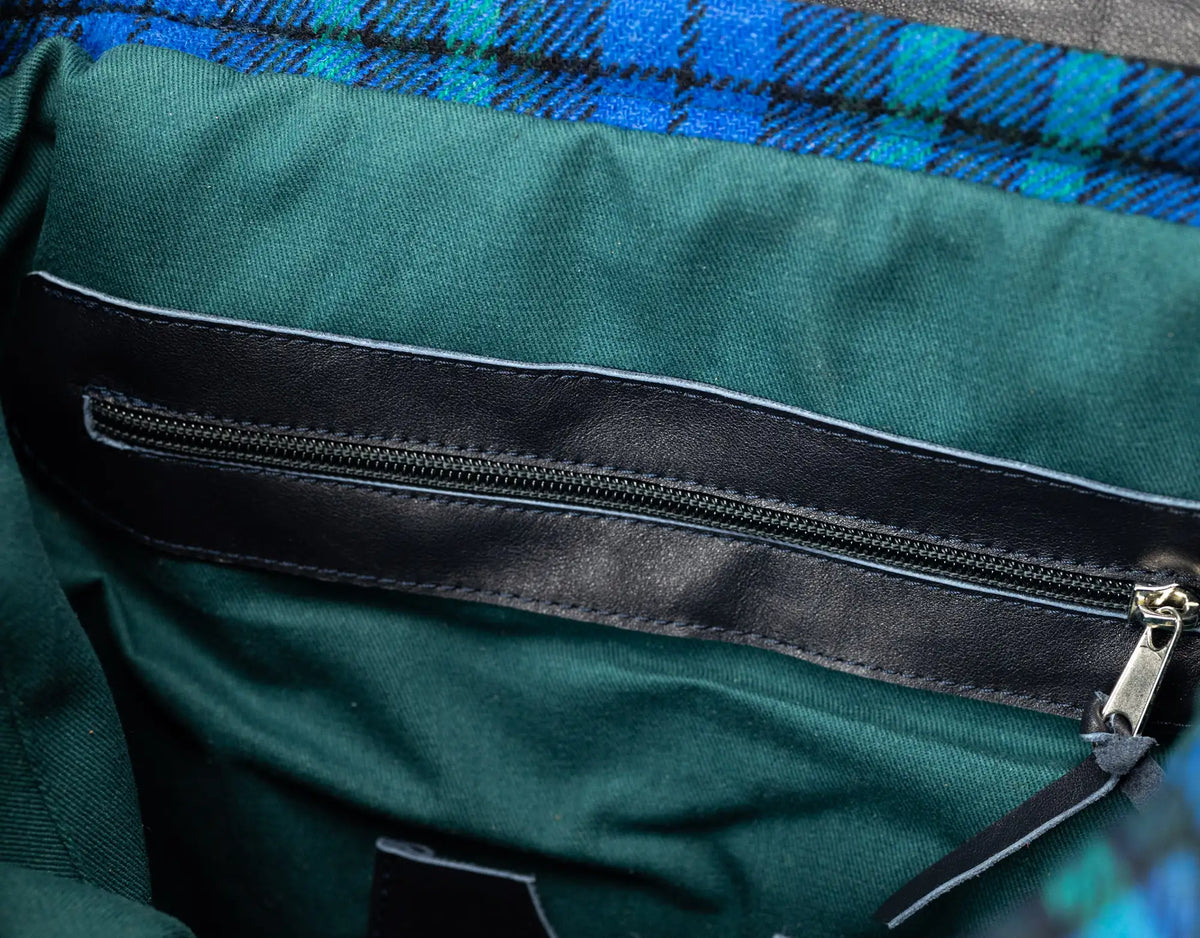 Artemis backpack - Blue leather and tartan wool