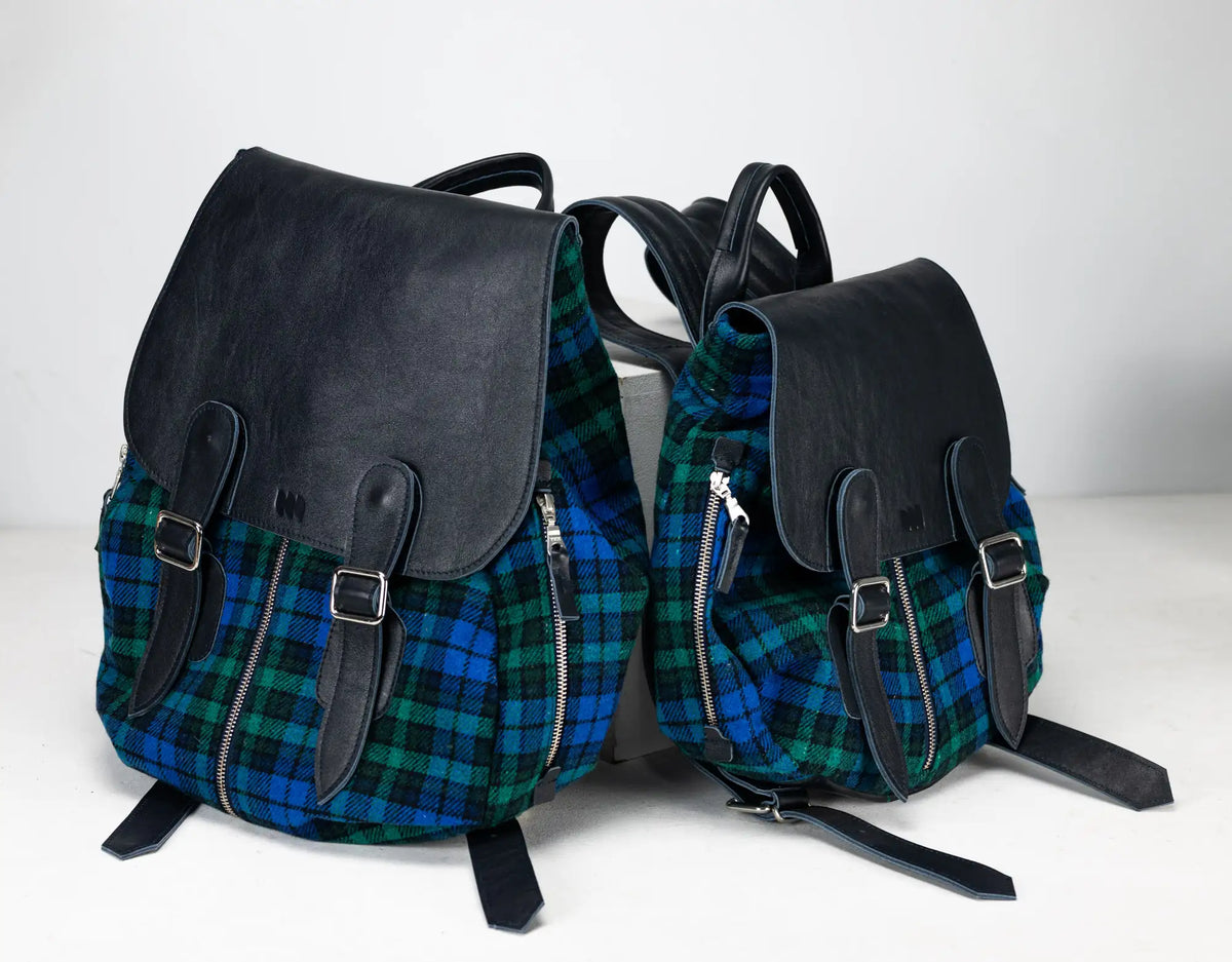 Artemis backpack - Blue leather and tartan wool