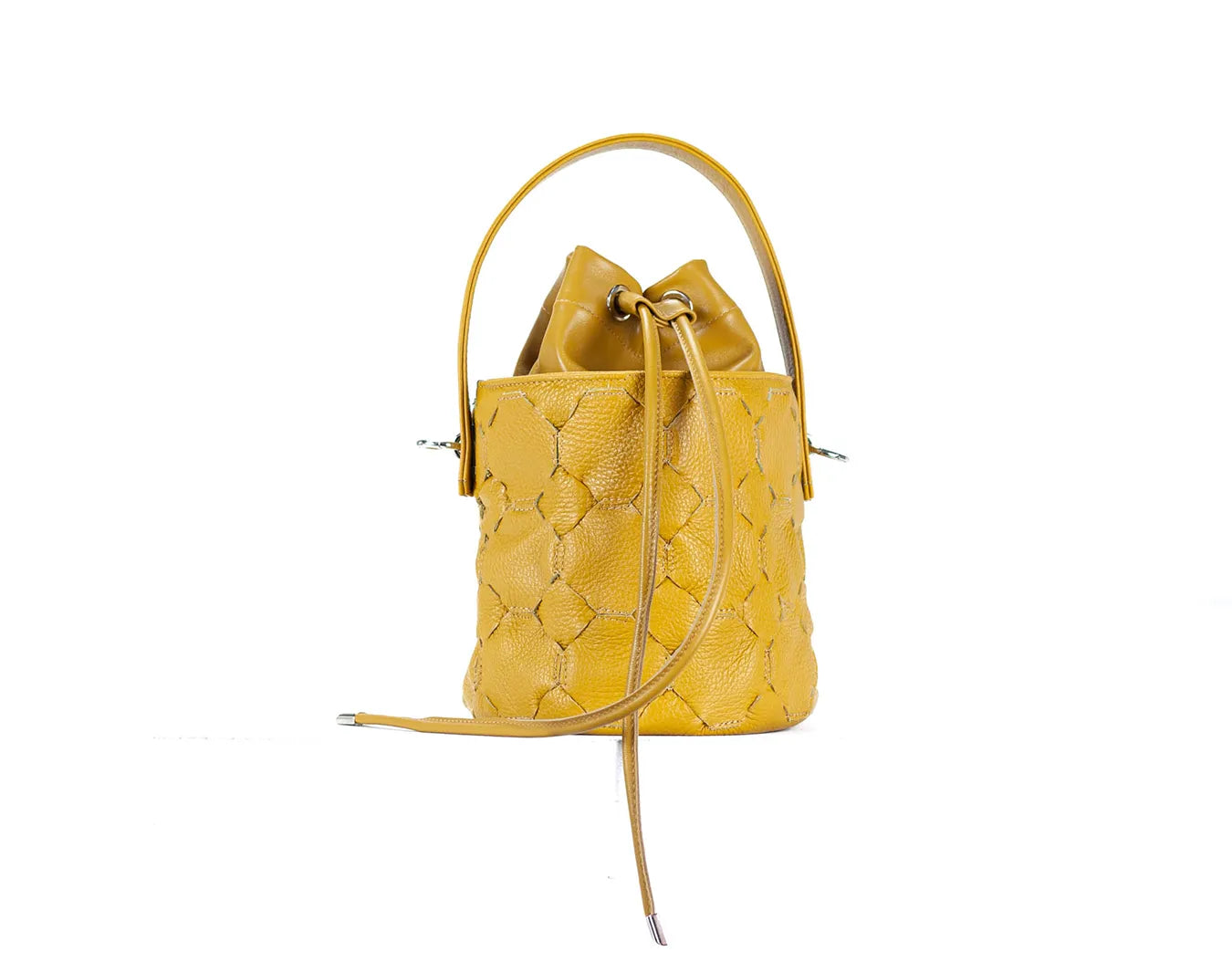 yellow leather handwoven mini bucket bag
