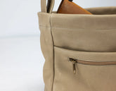 Close-up of a beige handbag with a zipper on a white background