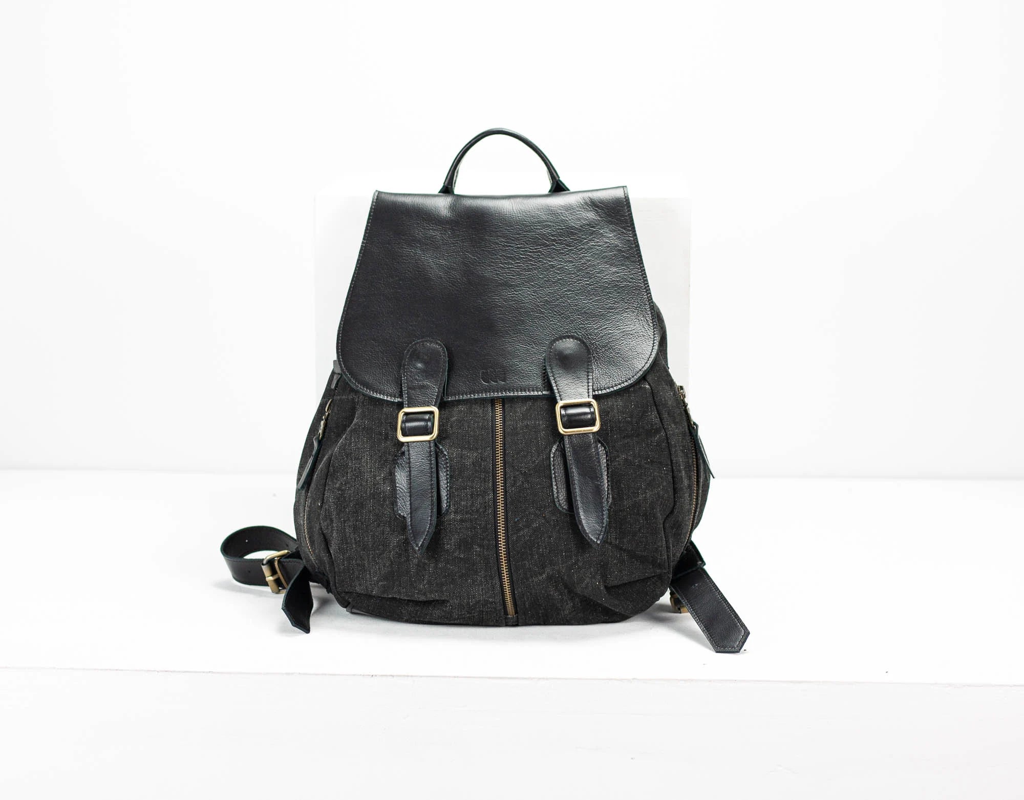 Black backpack with a white background