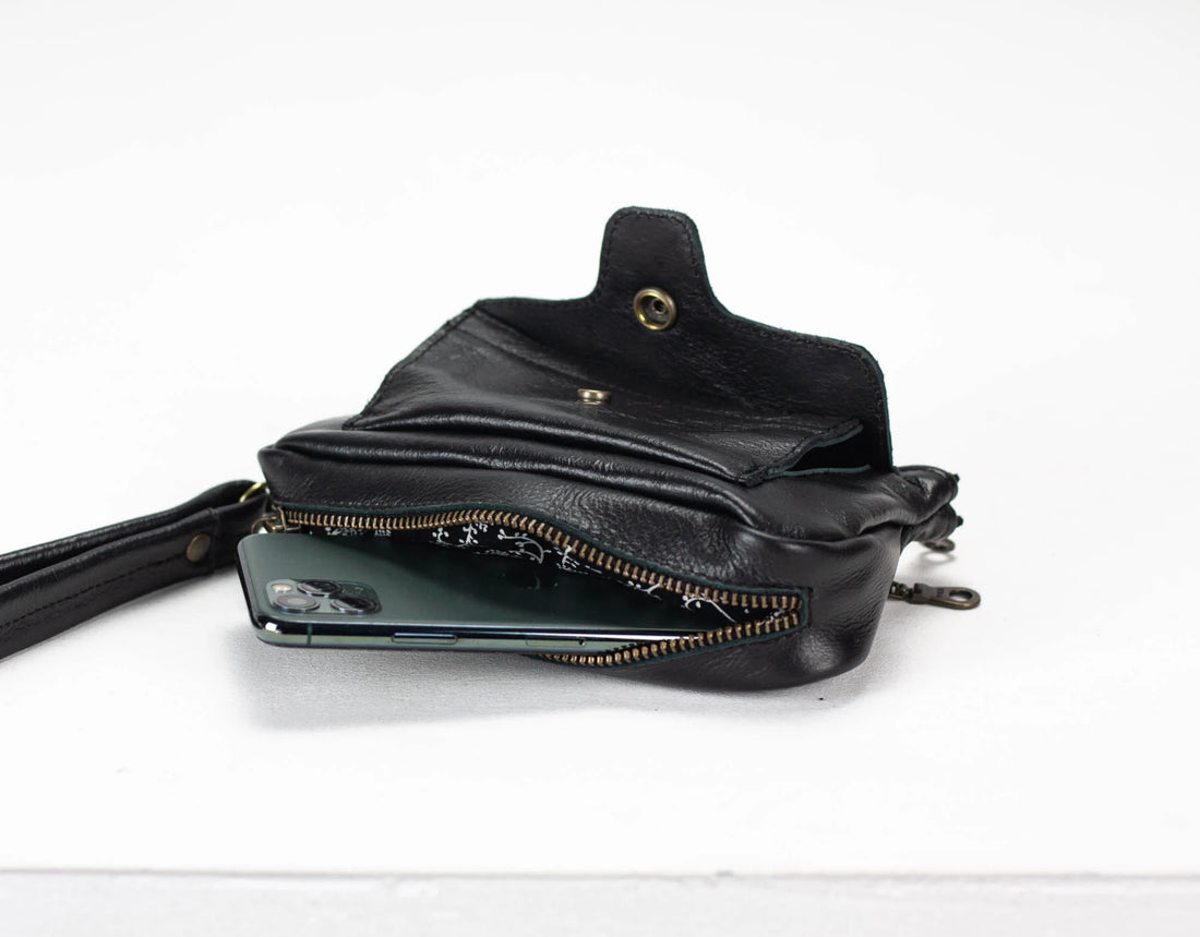 Black leather pouch with a zipper on a white background