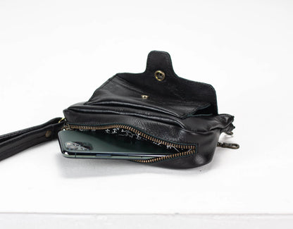 Black leather pouch with a zipper on a white background