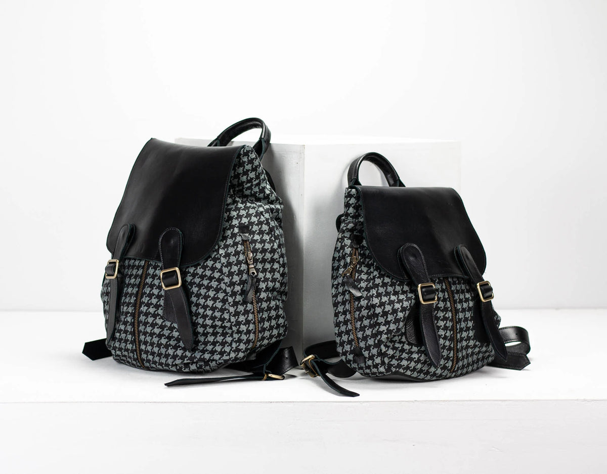 Artemis backpack - Denim with houndstooth print and Black leather