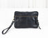 Black leather clutch bag with a strap on a white background