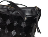 Black textured leather bag with a zipper on a white background