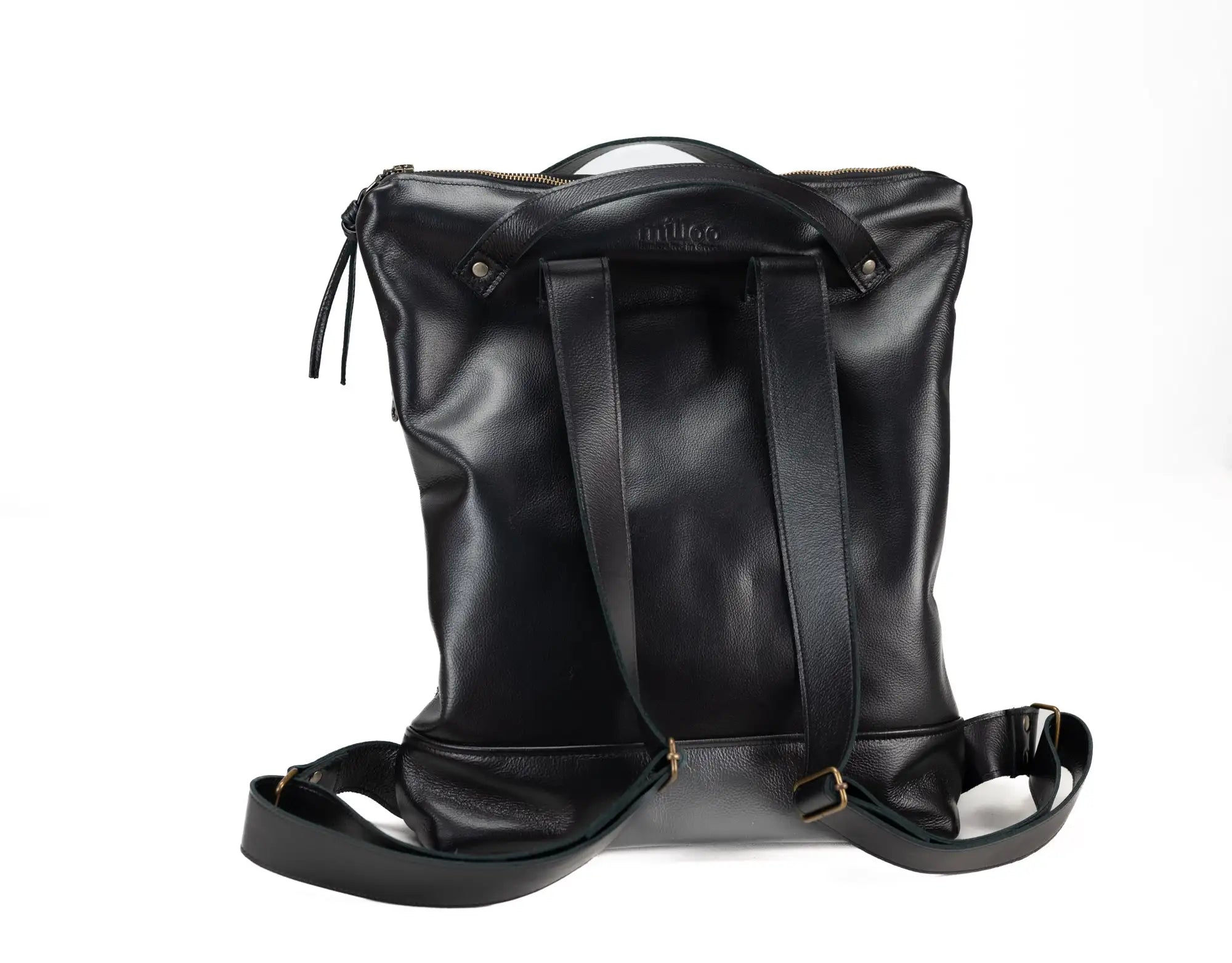 Black leather backpack on a white background