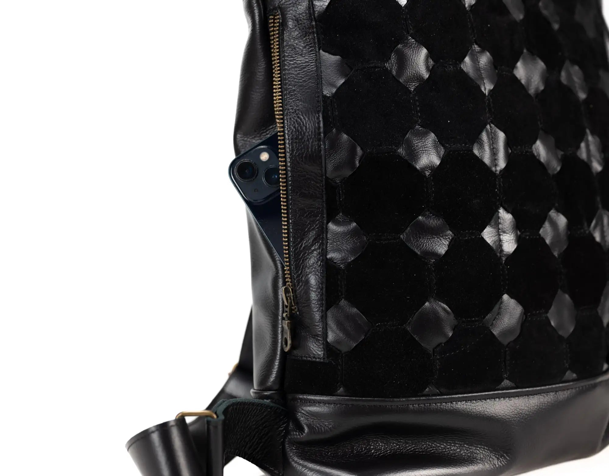 Black textured backpack with a visible brand logo on a white background