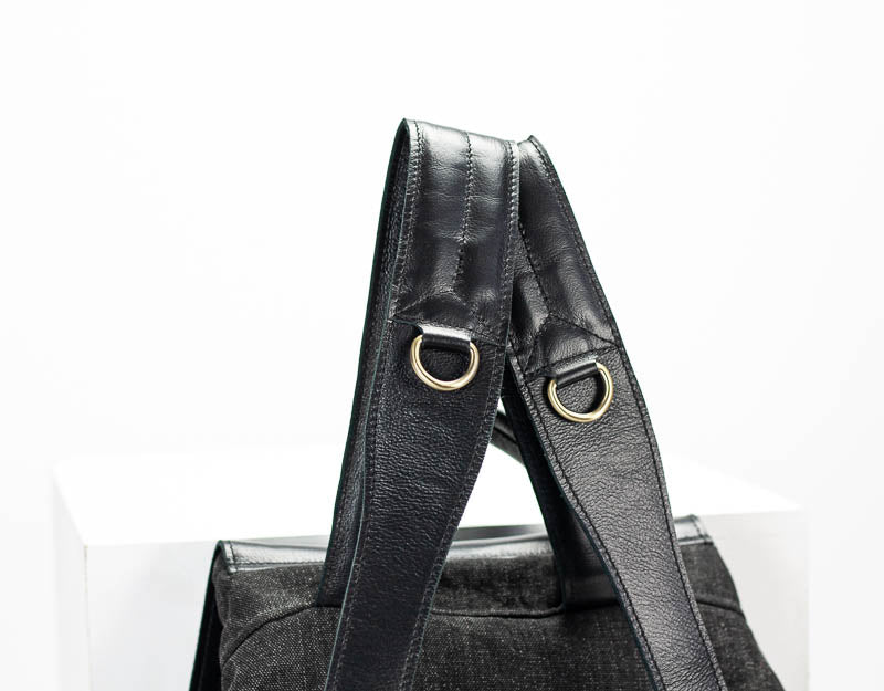 Artemis backpack - Black washed canvas and Black leather - milloobags