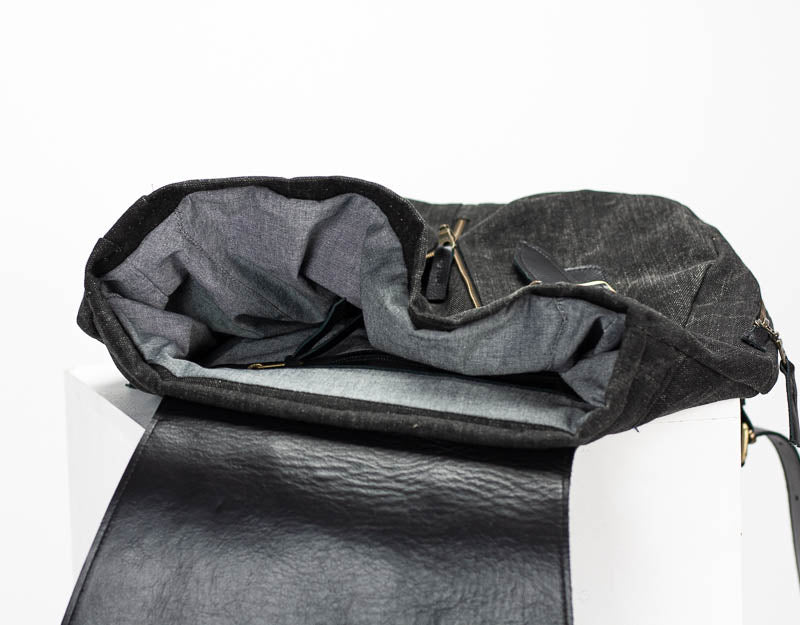 Artemis backpack - Black washed canvas and Black leather - milloobags