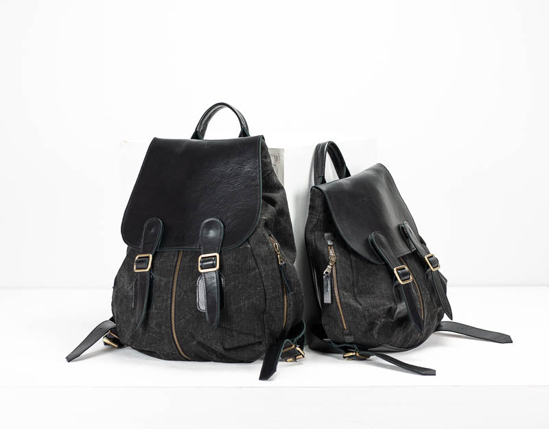 Artemis backpack - Black washed canvas and Black leather - milloobags