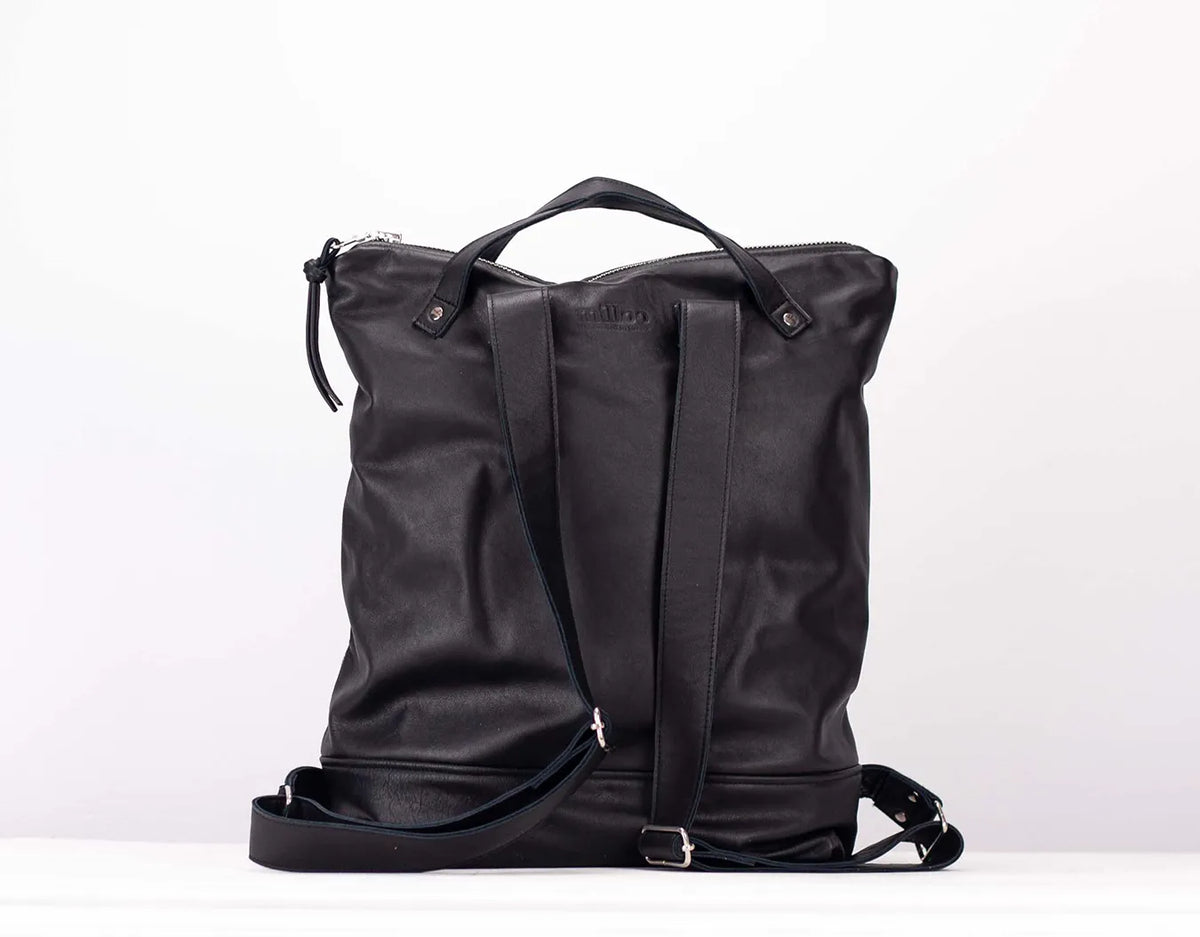 Minos backpack - Black leather &amp; Floral canvas