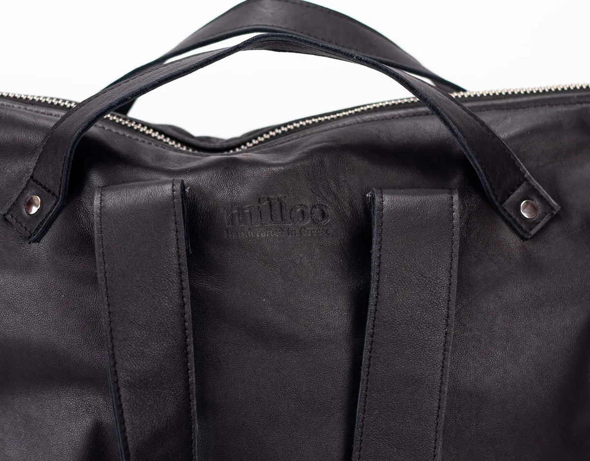 Minos backpack - Black leather &amp; Floral canvas