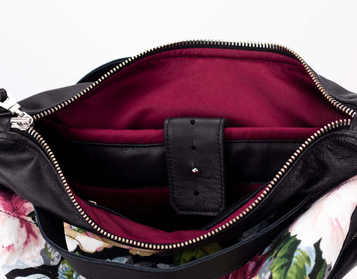 Minos backpack - Black leather &amp; Floral canvas