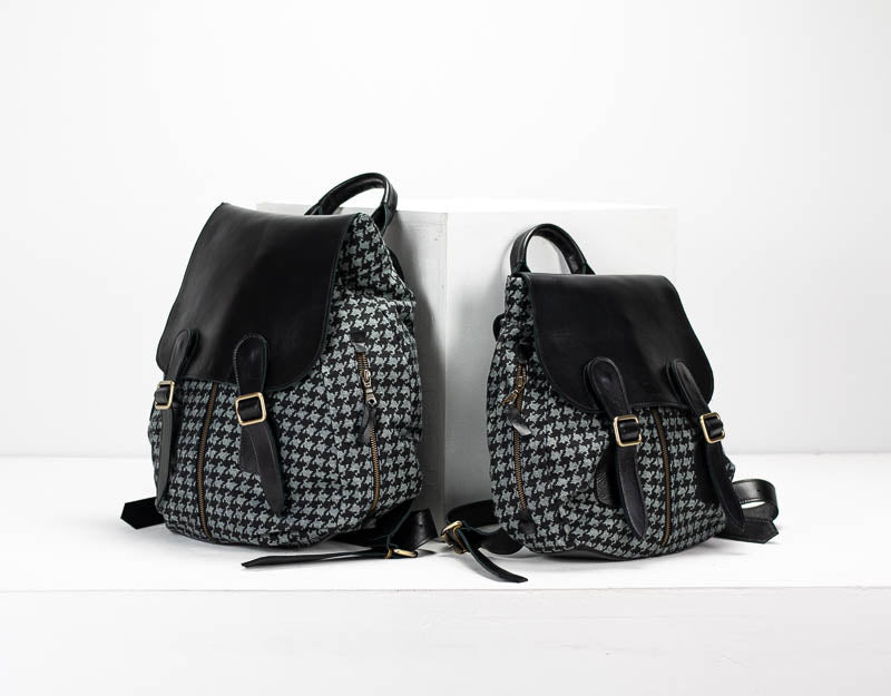 Artemis backpack - Jeans with houndstooth pattern and Black leather - milloobags