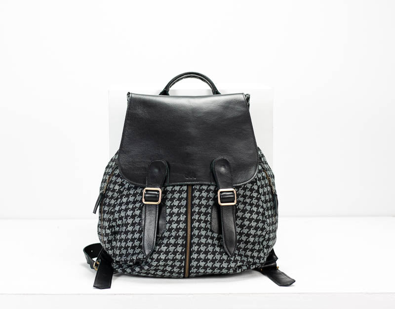 Artemis backpack - Jeans with houndstooth pattern and Black leather - milloobags