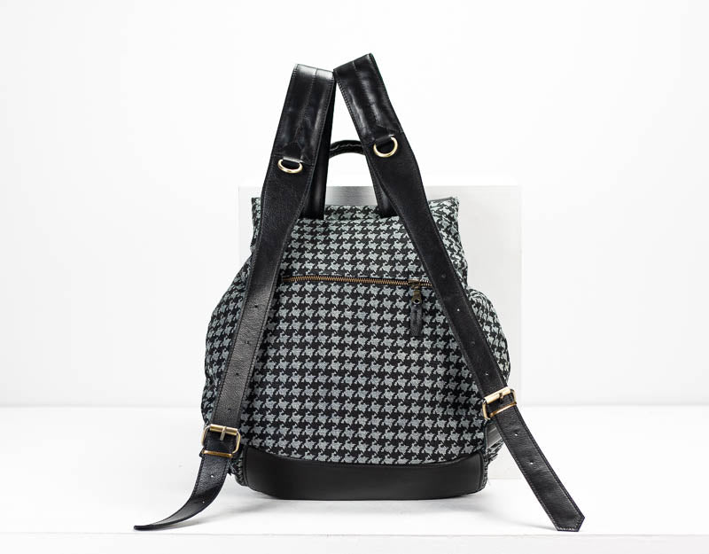 Artemis backpack - Jeans with houndstooth pattern and Black leather - milloobags