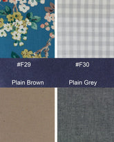 Color swatches including floral pattern, plain brown, plain grey, and checkered pattern.