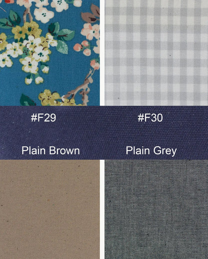 Color swatches including floral pattern, plain brown, plain grey, and checkered pattern.