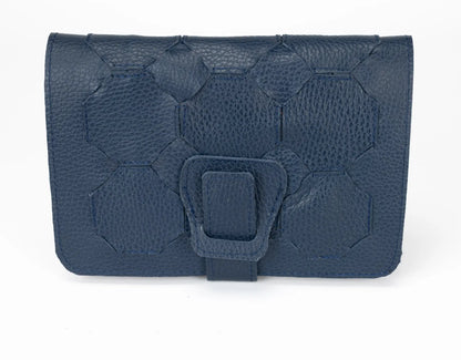 Blue textured clutch bag with a buckle on a white background