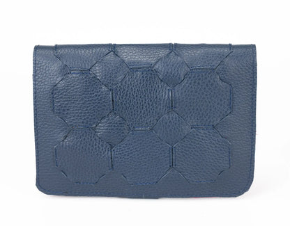 Blue textured clutch bag on a white background