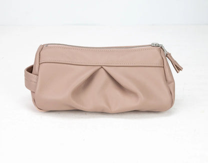 Beige handbag with a zipper on a white background