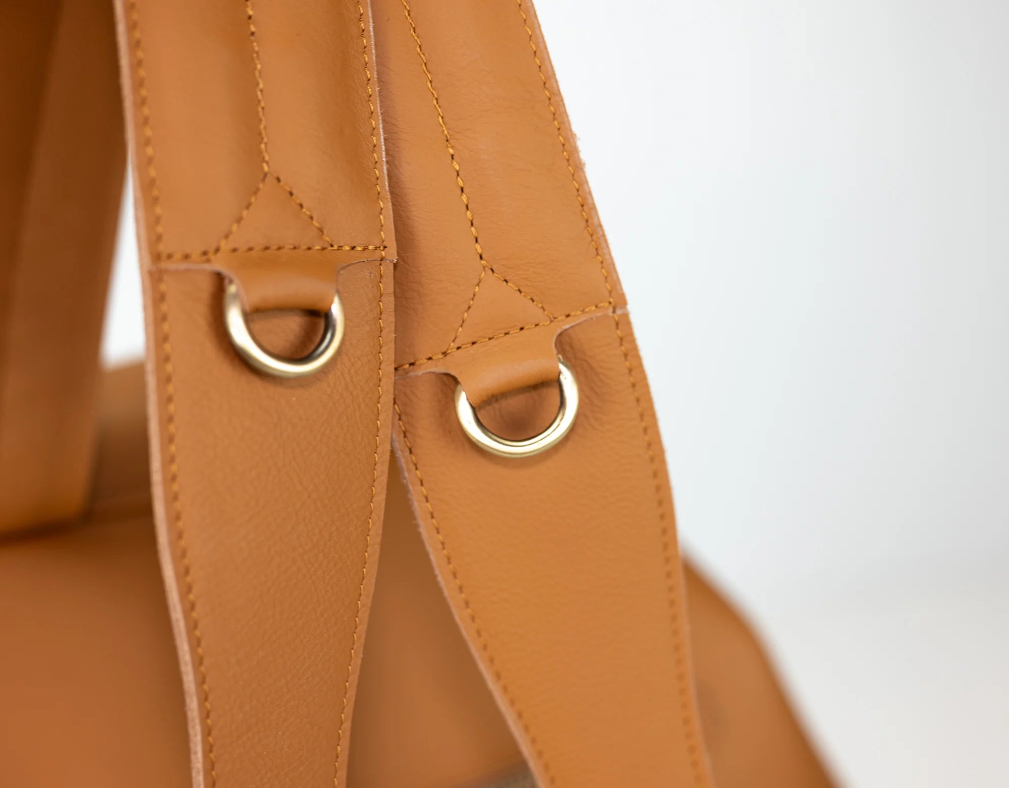 Close-up of a brown leather bag with gold hardware on a white background