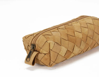 Woven beige clutch bag with a zipper on a white background