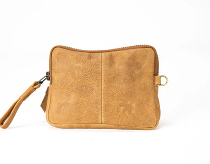 Brown leather pouch with a strap on a white background