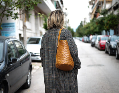 brown leather round bag
