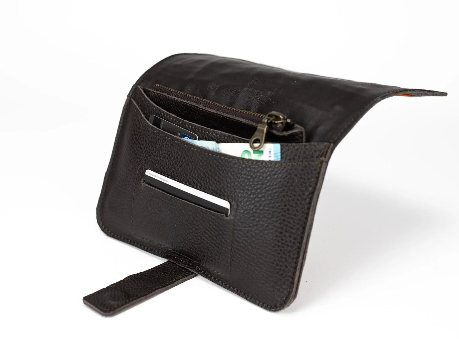 Brown leather wallet  with a strap on a white background