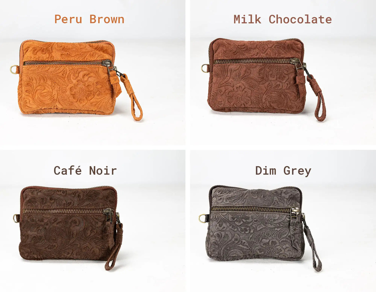 Four brown leather bags in different colors on a white background