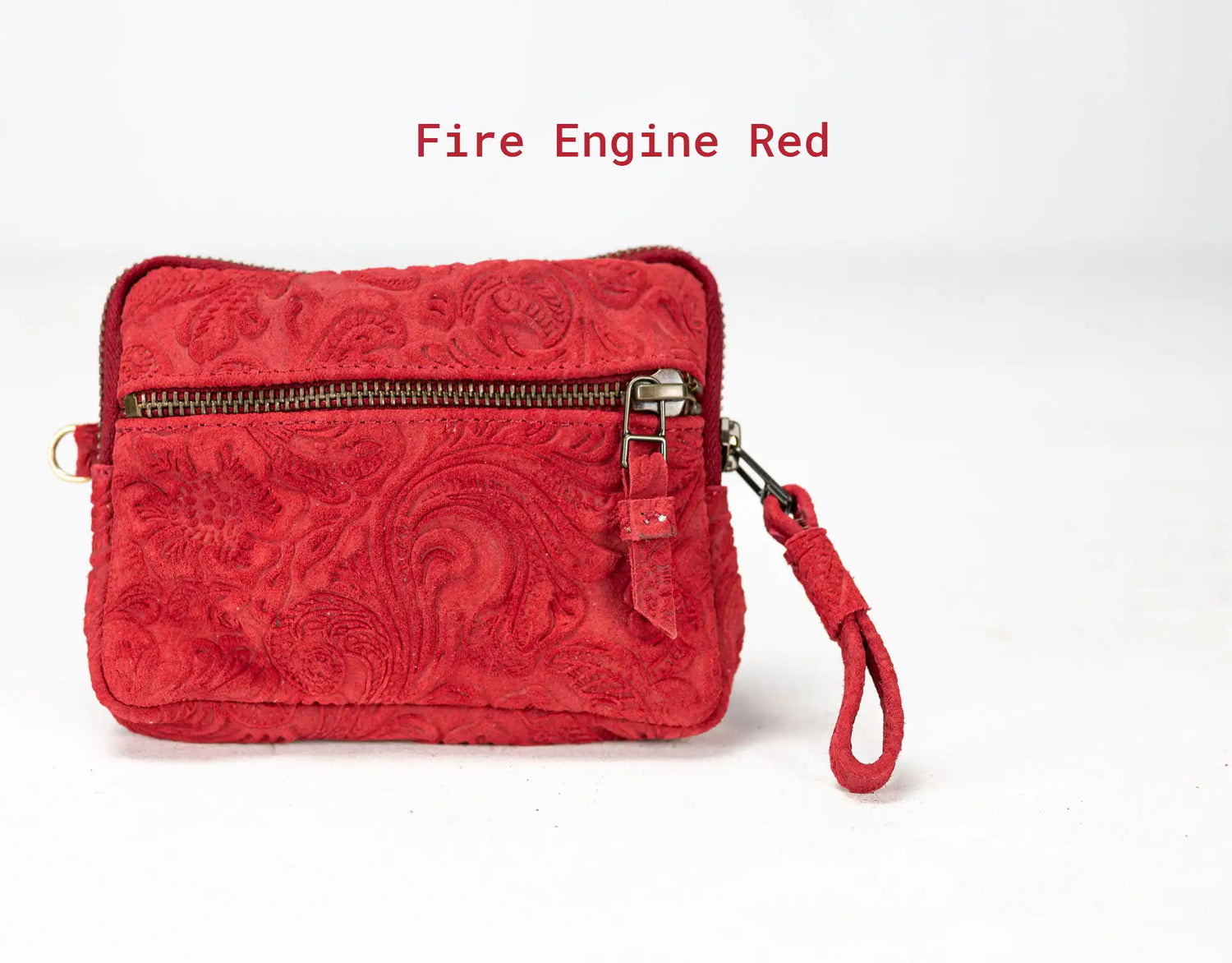 Red patterned bag with a wrist strap on a white background, labeled &