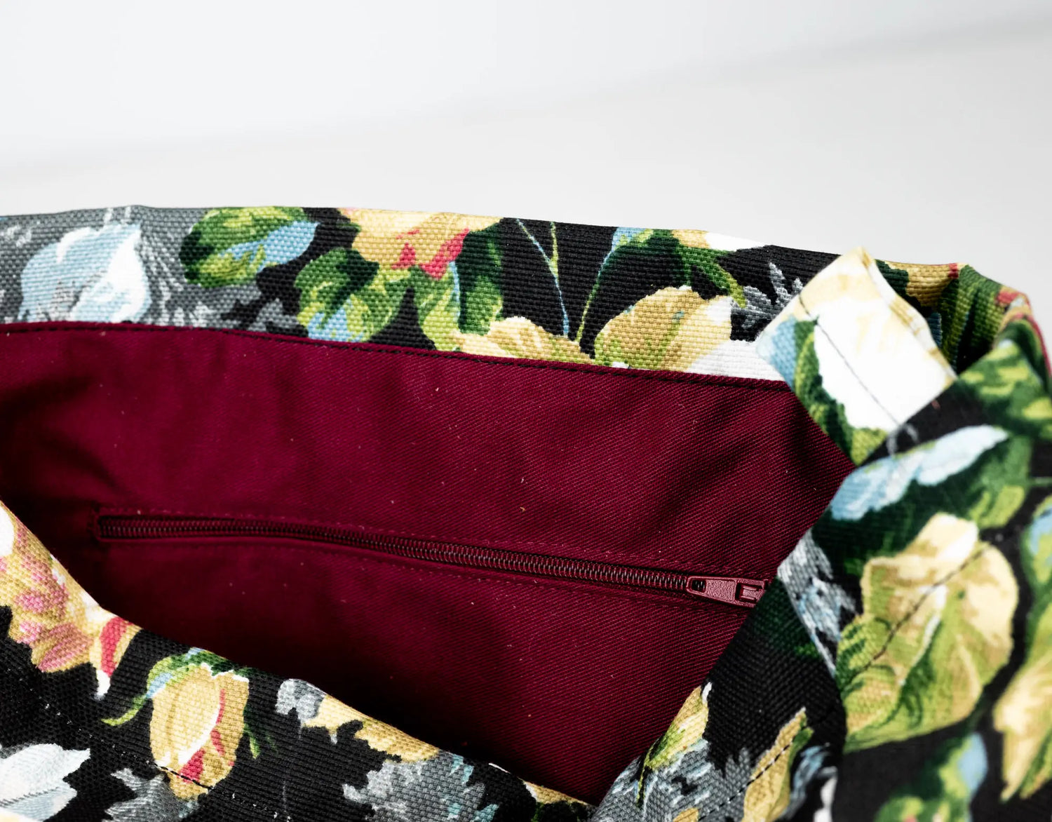 Floral-patterned fabric with a zipper on a white background
