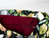 Floral-patterned fabric with a zipper on a white background