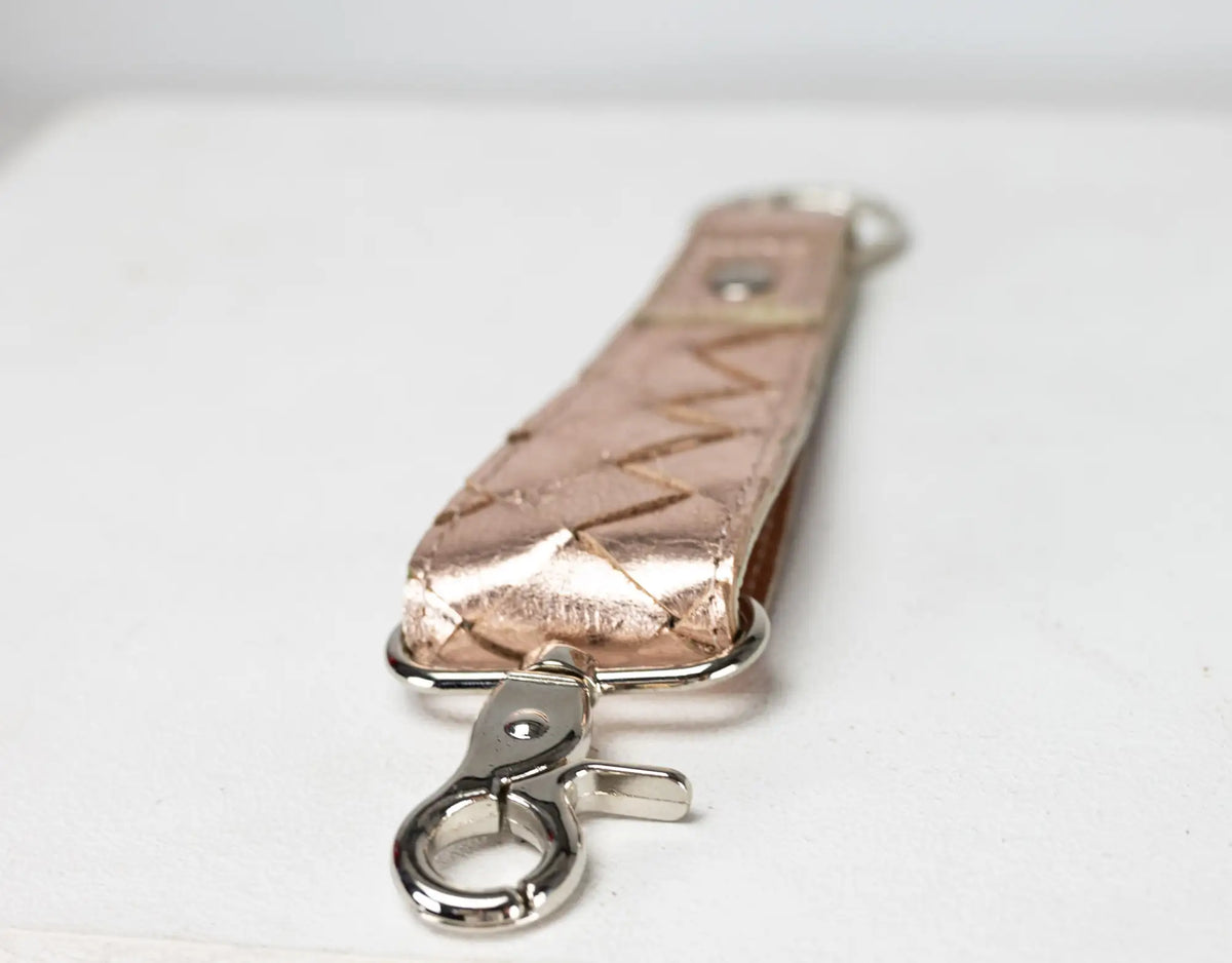 Leather handwoven keyring with clip - Gold Coated Leather