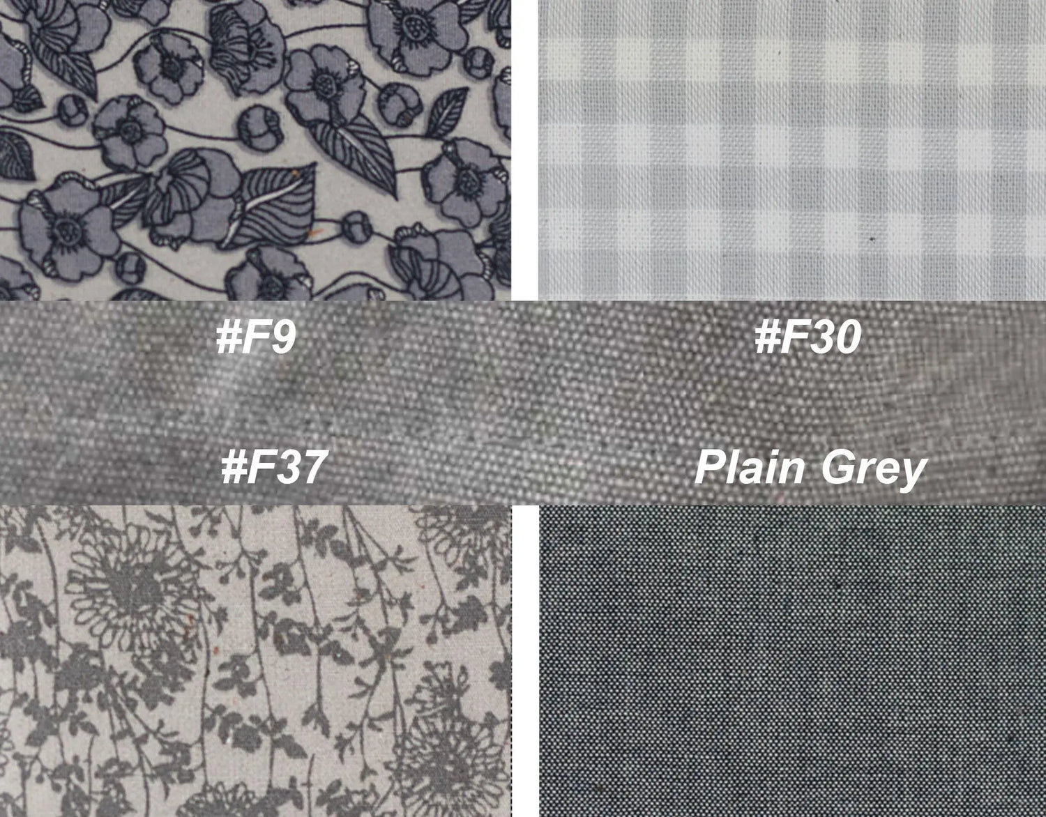 Fabric swatches with floral and checkered patterns alongside plain gray fabric, labeled with color codes.